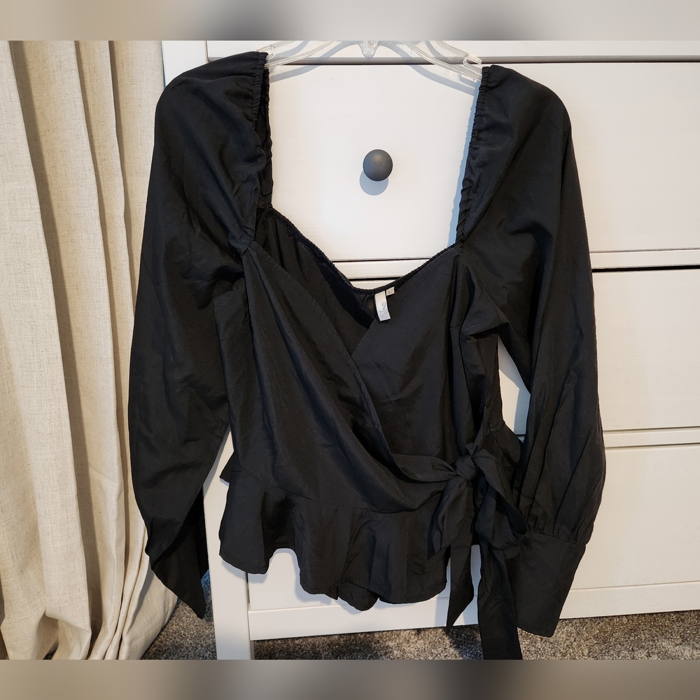 Black Ruffled Wrap Blouse with Long Sleeves